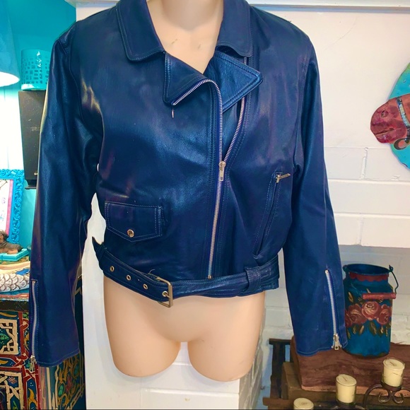 VTG 80s NAVY BLUE ITALIAN LEATHER BIKER JACKET - Picture 1 of 9